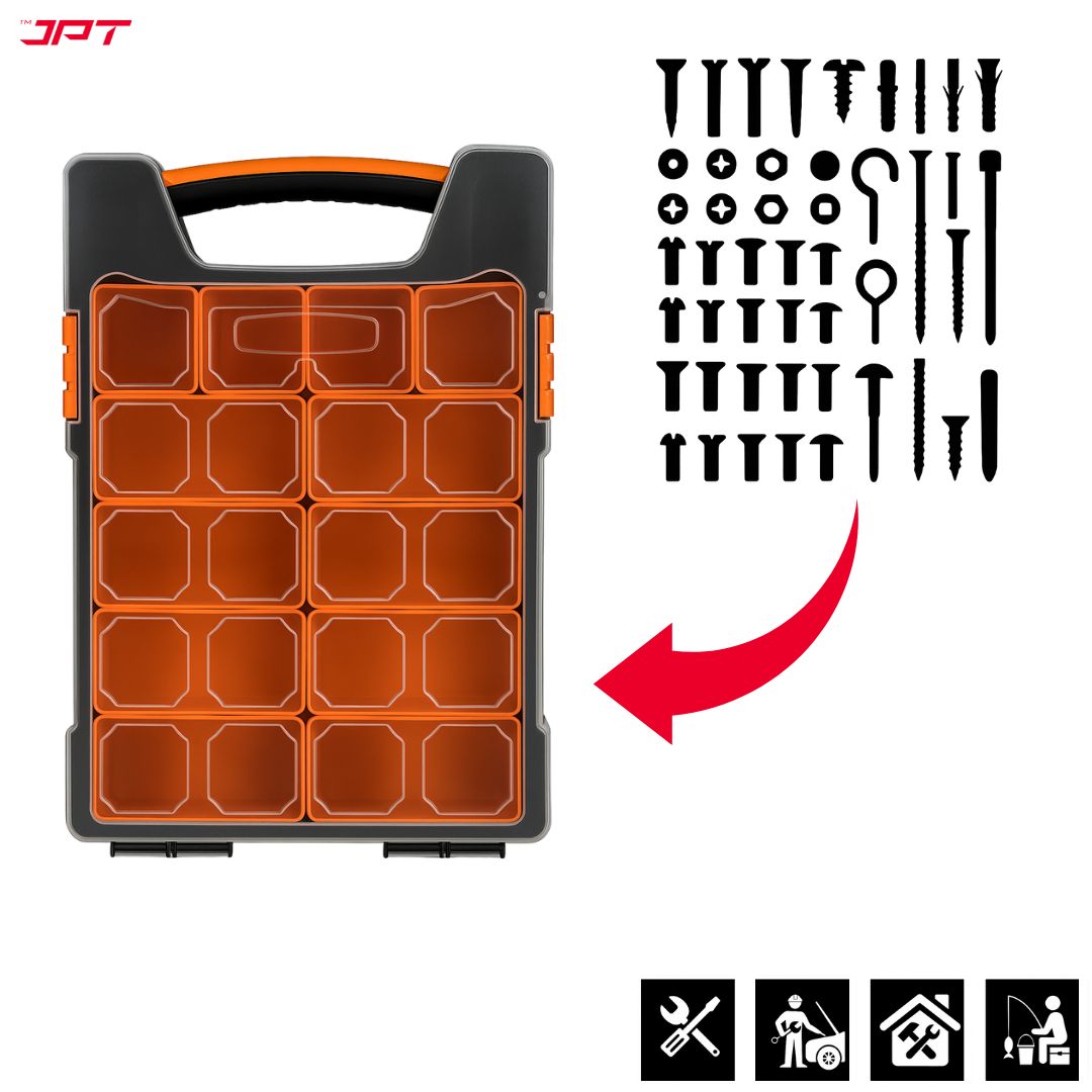 JPT Heavy-Duty Transparent 10 Removable Deep Bins Tool Organizer, Great Organization and Storage for Hardware Assorted Nails, Dowels, Screws, Nuts and Bolts
