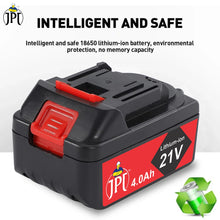 Buy the JPT 21V rechargeable 4.0Ah lithium-ion battery, featuring durable ABS housing, overload, overheat, over-discharge protection and compatible with major brands.