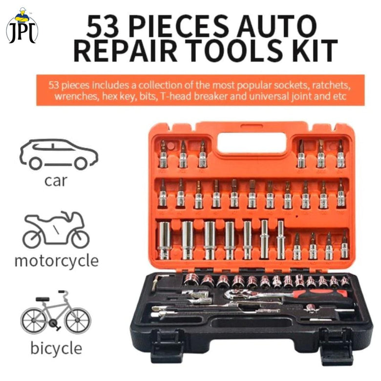 JPT Heavy Duty Professional 53-Piece Hand Tools Kit | Ratchet and Socket Wrench Sets | 53 in 1 Repair Tool for Cars, Motorcycles and Bicycles