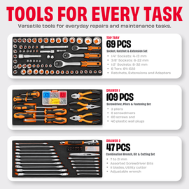 JPT 225 Pcs Tool Kit with Metal Tool Box, 2 Drawers, Socket & Spanner Set 60 Sockets 4-32mm • 3 Ratchets • 16 Spanners • 6 Screwdrivers • 3 Pliers • Metal Latches & Carry Handle