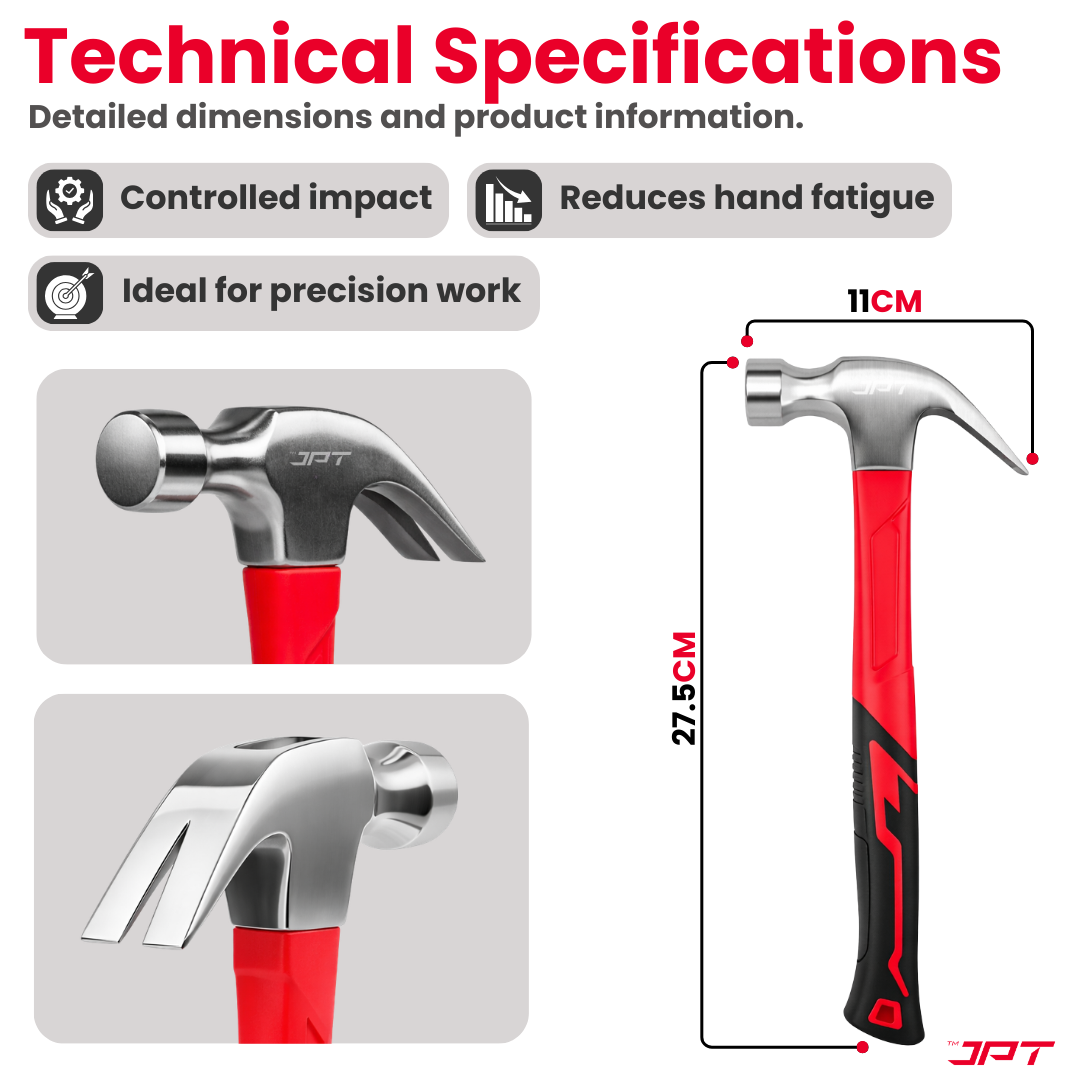 JPT 250G Forged Steel Claw Hammer with Anti-Slip Rubber Grip – Heavy Duty Carpenter Hammer for Carpentry, Woodworking & Construction Work, Professional Steel Hammer for Nail Driving & Extraction