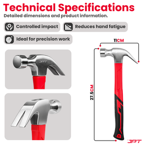 JPT 250G Forged Steel Claw Hammer with Anti-Slip Rubber Grip – Heavy Duty Carpenter Hammer for Carpentry, Woodworking & Construction Work, Professional Steel Hammer for Nail Driving & Extraction