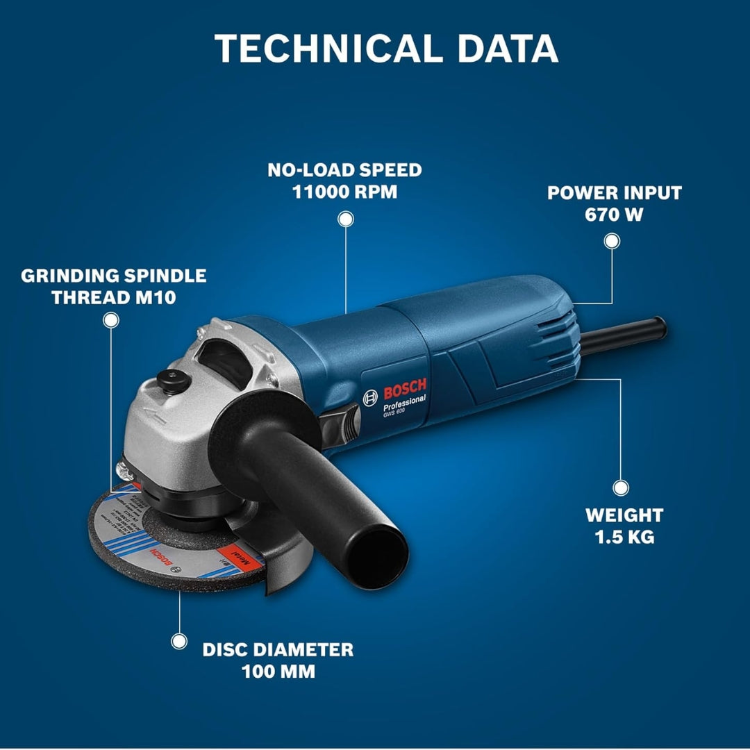 Bosch Professional GWS 600 Angle Grinder | 670W Power | No-load Speed of 11000 RPM | Versatile Cutting and Grinding Tool | M10 Grinding Spindle Thread | 100 mm Disc