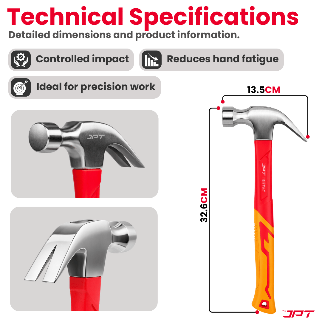 JPT 450G Forged Steel Claw Hammer with Anti-Slip Rubber Grip – Heavy Duty Carpenter Hammer for Carpentry, Woodworking & Construction Work, Professional Steel Hammer for Nail Driving & Extraction