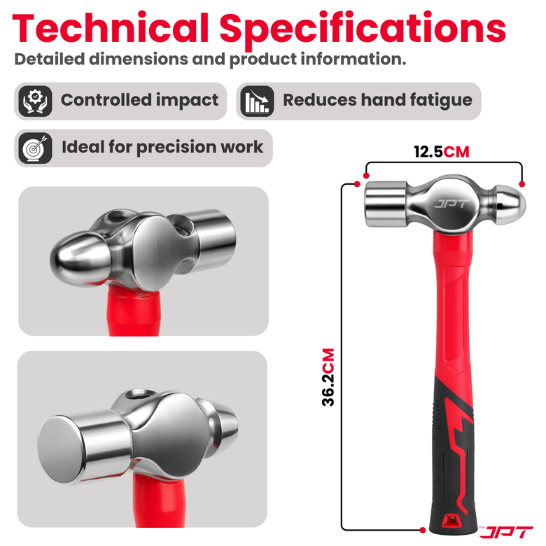 JPT 2.0lbs Forged Steel Ball Peen Hammer with Shock-Absorbing Rubber Grip – Heavy Duty Professional Engineer & Mechanic Hammer for Workshop, Metal Shaping, Riveting & Fabrication Work