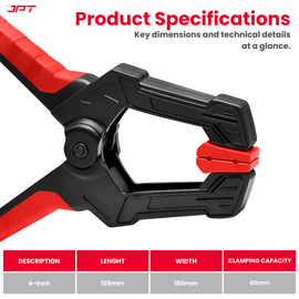 JPT 4-inch heavy duty spring clamp with 40mm wide jaw, high-tension steel spring and one-hand quick grip—ideal for woodworking, carpentry and DIY use. Buy Now