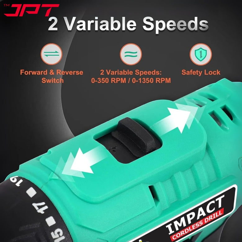 JPT 21v Portable Impact Cordless Drill Machine | 28N.M Torque | 1350RPM Speed | 2 Seed Mode | 3 Function Modes | 2000mAh Battery |  6-Months Warranty