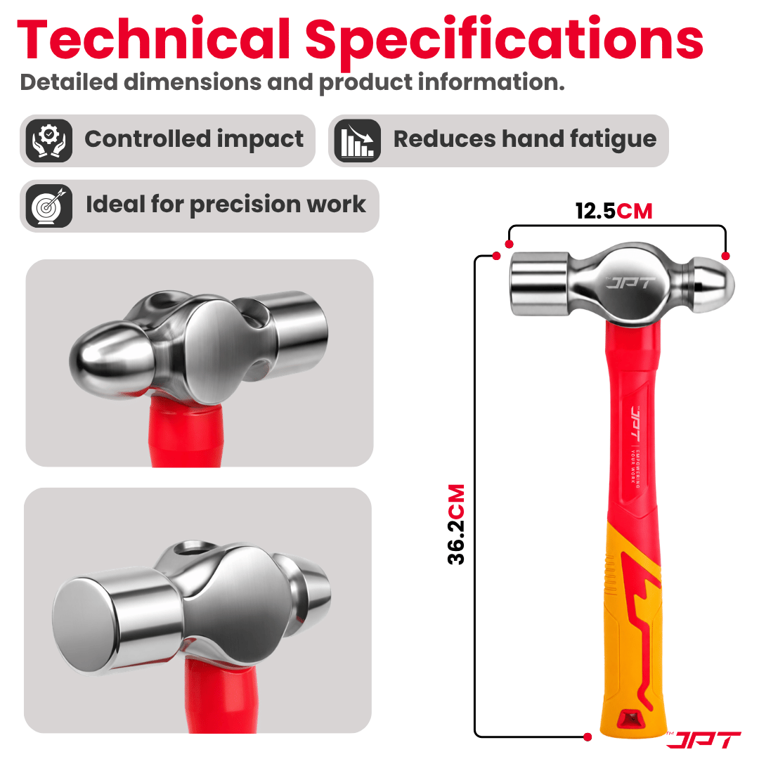 JPT 2.0lbs Forged Steel Ball Peen Hammer with Shock-Absorbing Rubber Grip – Heavy Duty Professional Engineer & Mechanic Hammer for Workshop, Metal Shaping, Riveting & Fabrication Work