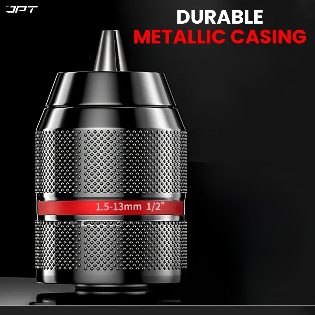 Buy JPT heavy-duty 13mm keyless metal drill chuck, featuring 1.5 to 13 mm self-tighten, 1/2-20unf mount, strong build, and multiple purposes. Buy Now