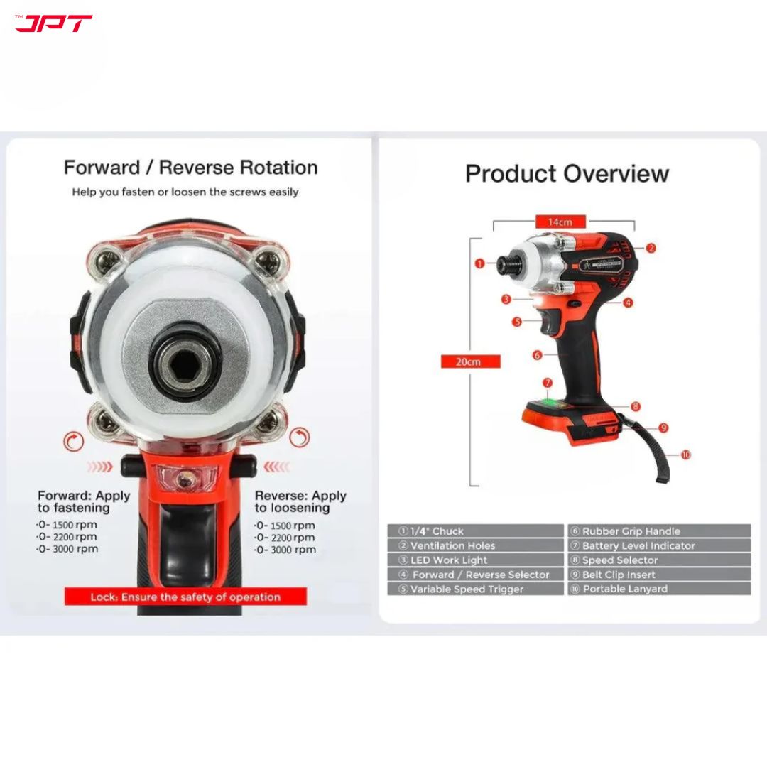 JPT 21-volt Impact Cordless Screwdriver Machine | Brushless Powerful Motor | 1/4’’ All-Metal Hex Chuck | 270N.M Torque | 3000RPM Variable Speed | 4000mAh Battery | 6 Driver Bits Included