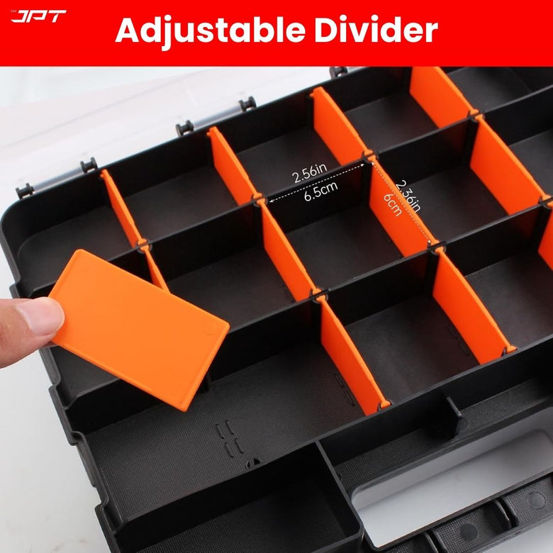 JPT Heavy-Duty Transparent Double-Sided Tool Box | 34 Customizable Plastic Dividers | Impact-Resistant Polymer Build | Tool Organizer for Bead/Screws/Nuts/Nails/Bolts/Bins/Crafts