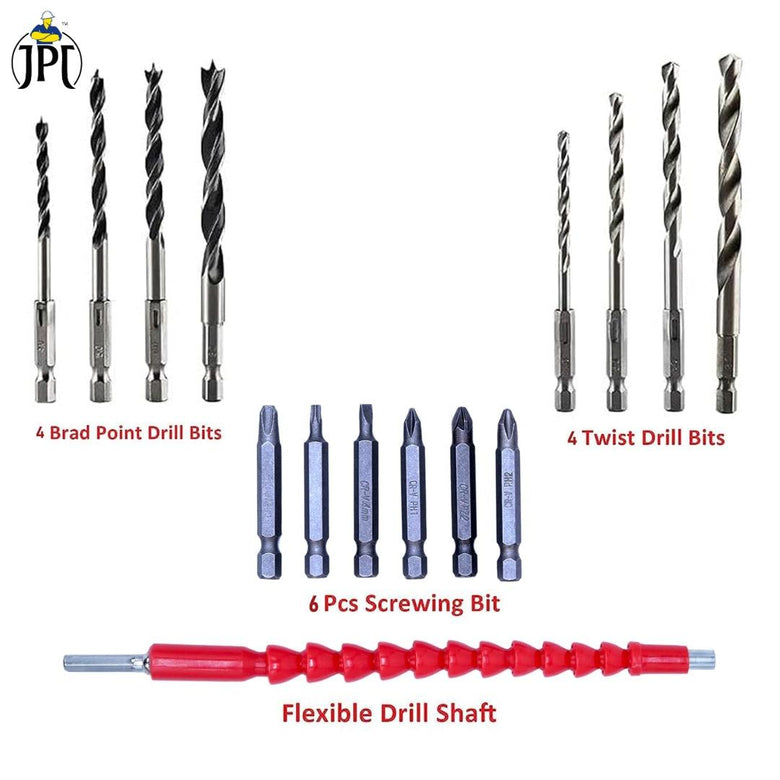 JPT 15-Piece Drill & Screwdriver Bits Combo | 8-Piece Drill Bits | 6-Piece Screw Driver Bits | 1 FLexible Drill Extenstion
