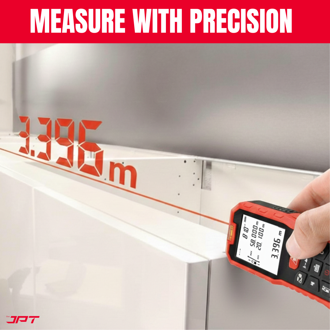 Buy JPT 50M Digital Laser Distance Meter with distance, area, volume & indirect height calculation — ideal for site engineers, contractors & interior projects.