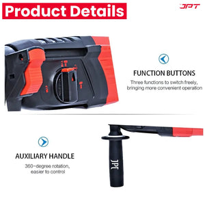 JPT Pro 26MM SDS-Plus Heavy-Duty Rotary Hammer Drill Machine | 1050W Motor | 1200RPM Speed | 3.0 Joules Impact | 4900 BPM Force | 3 Function Modes | Forward & Reverse Function