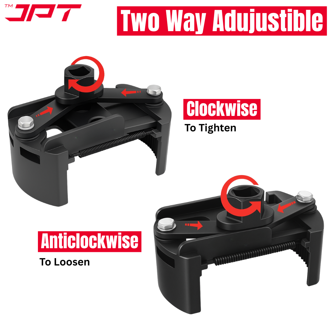 JPT Heavy-Duty Universal Adjustable Oil Filter Remover | 90-125mm Removal and Installation | Two Non Slip Serrated Jaws | 1/2" Drive Oil Filter Wrench for Easy Filter Removal