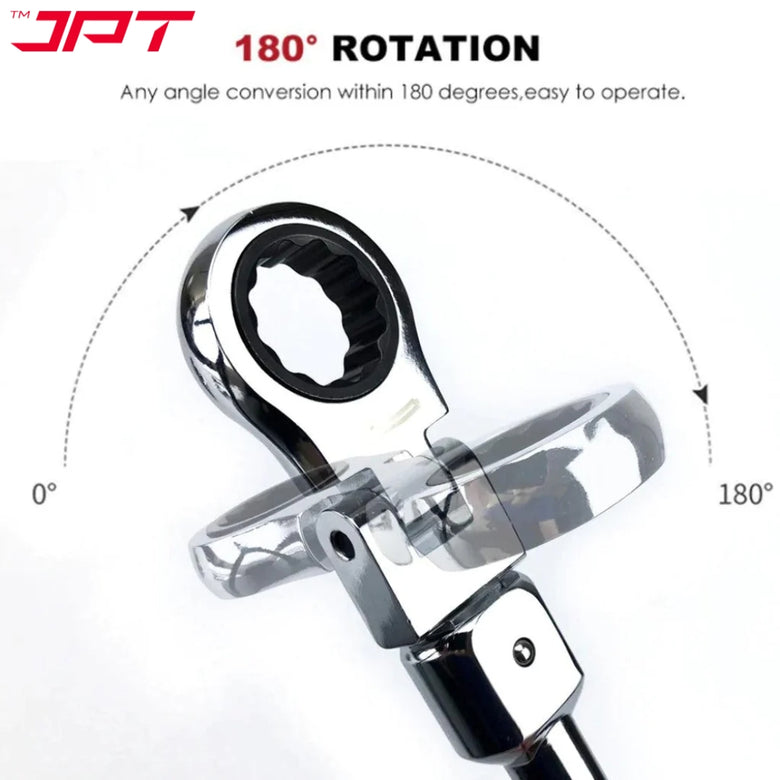 JPT Heavy Duty 8-Pieces Changeable Flex Head Ratchet Spanner | 7 Torx Heads Ranging From 8mm To 19mm | 180-Degree Rotation | Ratcheting Set for Automobile Repair, Home Projects, and More