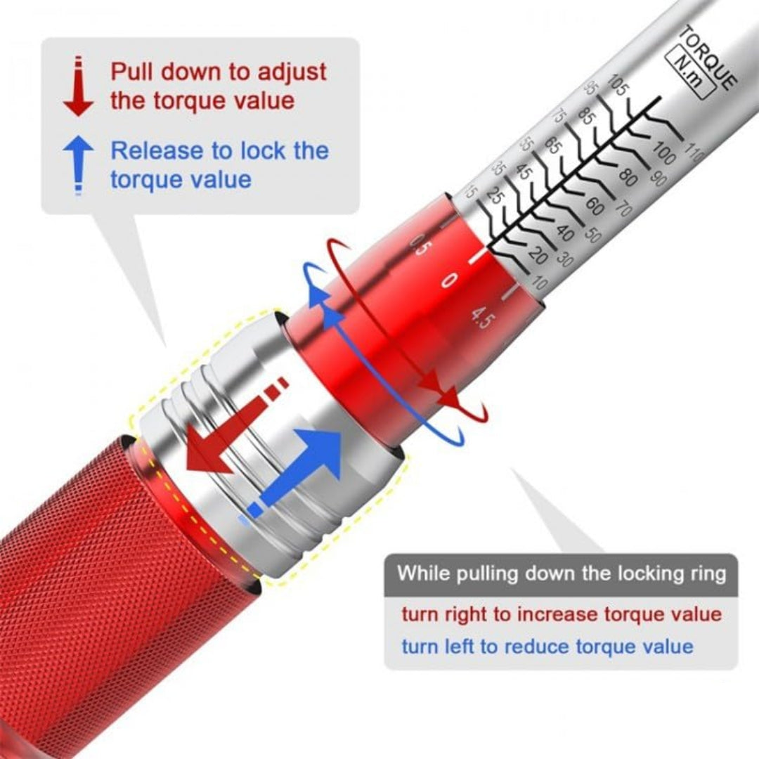 JPT 1/2 Inch Square Drive Torque Wrench, 5-110N.m, Bi-Directional Ratchet for Car Repair, Adjustable Precision Tool for Automotive, Motorcycle, and Bicycle Maintenance