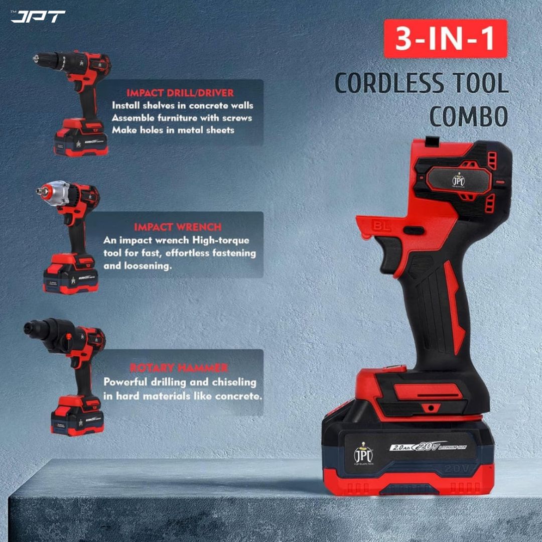 Get the JPT heavy-duty brushless 3-in-1 cordless power tool set, featuring a versatile drill machine, an impact wrench, and a rotary hammer. buy at best price.