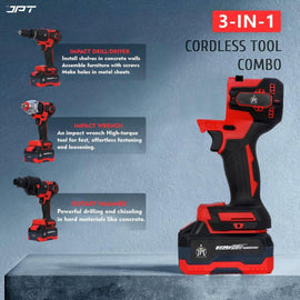 Get the JPT heavy-duty brushless 3-in-1 cordless power tool set, featuring a versatile drill machine, an impact wrench, and a rotary hammer. buy at best price.