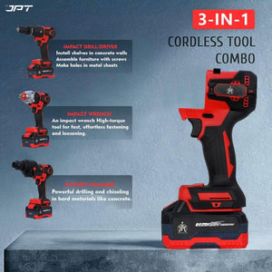 JPT Heavy Duty Brushless 3-In-1 Cordless Power Tool Set | 3-Speed Power Unit with Impact Wrench, Impact Drill, and Rotary Hammer Attachment
