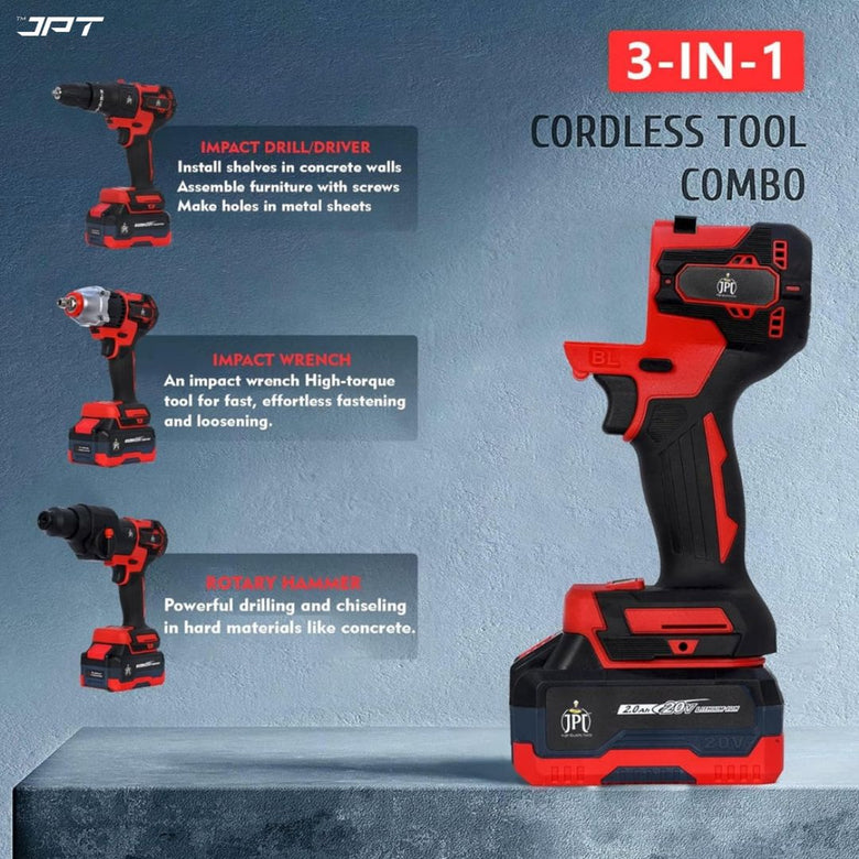 JPT Heavy Duty Brushless 3-In-1 Cordless Power Tool Set | 3-Speed Power Unit with Impact Wrench, Impact Drill, and Rotary Hammer Attachment