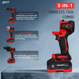 Get the JPT heavy-duty brushless 3-in-1 cordless power tool set, featuring a versatile drill machine, an impact wrench, and a rotary hammer. buy at best price.