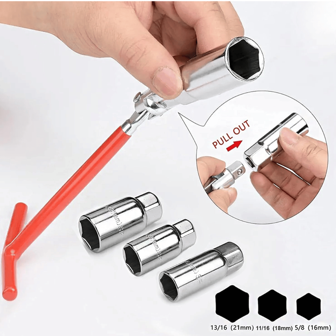 JPT 16/18/21mm Universal Spark Plug Socket Wrench Set, 4-Piece with T-Handle, 360-Degree Rotation for Easy Spark Plug Removal