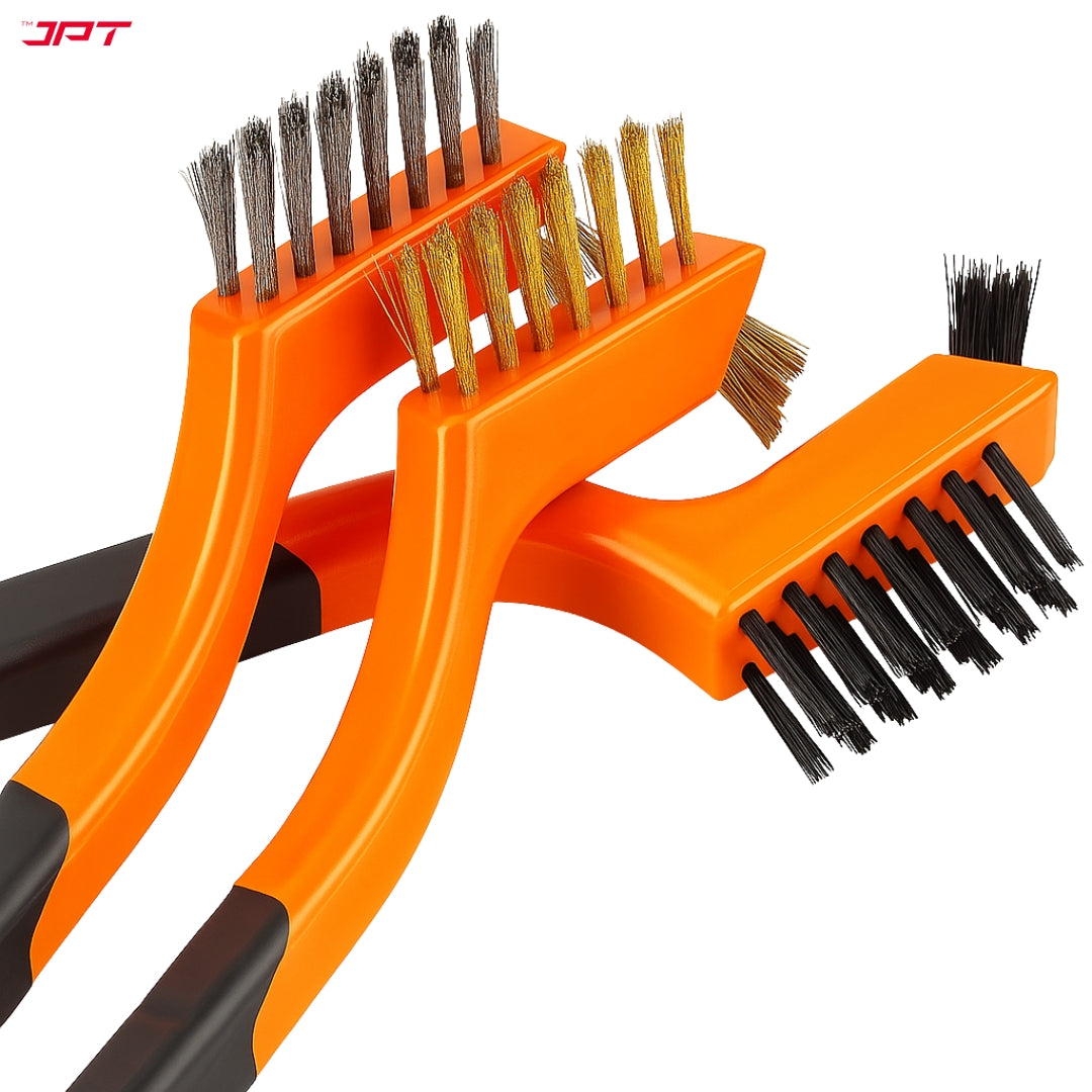 JPT 3-Piece Dual-Sided Heads Wire Brush Set | Stainless Steel, Brass & Nylon Bristles with Soft Grip Handle | Best For Rust Removal, Paint Cleaning & Detail Work