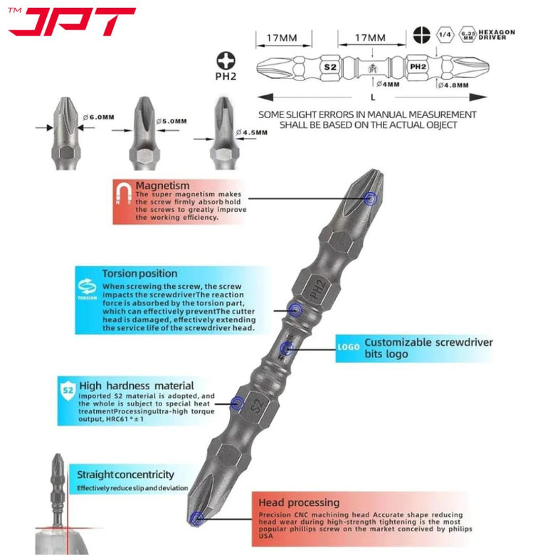 JPT 10-Pieces Two Sided Magnetic Screwdriver Bit Set | S2 High Torque Alloy Steel | PH2 Power Drill Double End