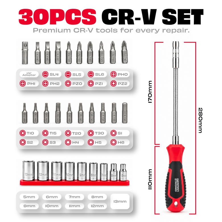 JPT 30-Piece Flexible Screwdriver & Bit Set, Magnetic Tip, CR-V Steel | Premium CR-V Bits • Flexible Extension Shaft • Magnetic Tip • Ergonomic Grip • Socket & Bit Set