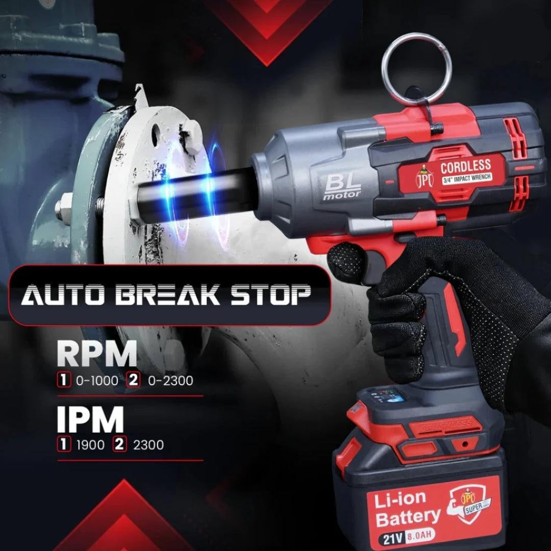 JPT Supreme Powerful Brushless 21-volt Cordless Impact Wrench | 2100 Nm Torque | 2300 RPM Speed | 3/4-Inch Head Shank | Bright LED Light | 8000mAh Battery | Fast Charger | 36mm Socket | Heavy Carry Case