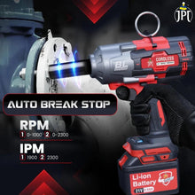 JPT Supreme Powerful Brushless 21-volt Cordless Impact Wrench | 2100 Nm Torque | 2300 RPM Speed | 3/4-Inch Head Shank | Bright LED Light | 8000mAh Battery | Fast Charger | 36mm Socket | Heavy Carry Case