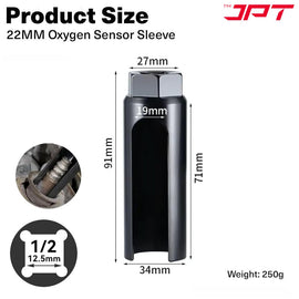 JPT Oxygen Sensor Socket 22mm (7/8 Inch) with Side Wire Cutout – Universal Oxygen Sensor Removal Tool, 1/2-Inch & 3/8-Inch Drive Compatible, Ideal for Most Cars, Trucks & SUVs
