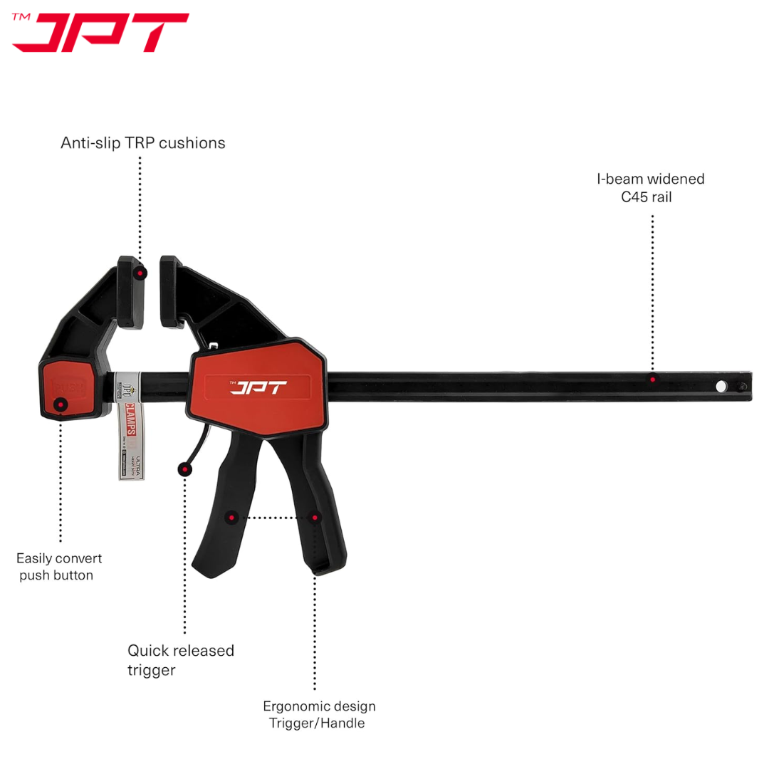 JPT Pro Series 18-Inch Quick-Grip Bar Clamps | 300mm Clamping Range | One-Handed Wood Clamps with Quick-Release Trigger | Heavy-Duty Spreader F-Clamp Set | 155 lbs Hold | Woodworking, Carpentry, DIY