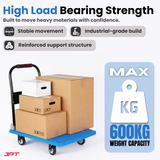 Buy JPT heavy duty foldable hand trolley with 600KG load capacity, 360° swivel wheels and reinforced steel frame. Ideal for warehouse, shop, office and more.