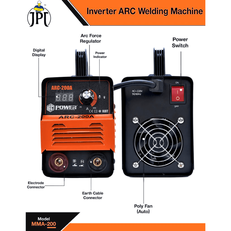 JPT 200Amp MMA / Arc Welding Machine | IGBT with Digital Display | 200A with Hot Start and Anti-Stick | Welding Accessories & Mask