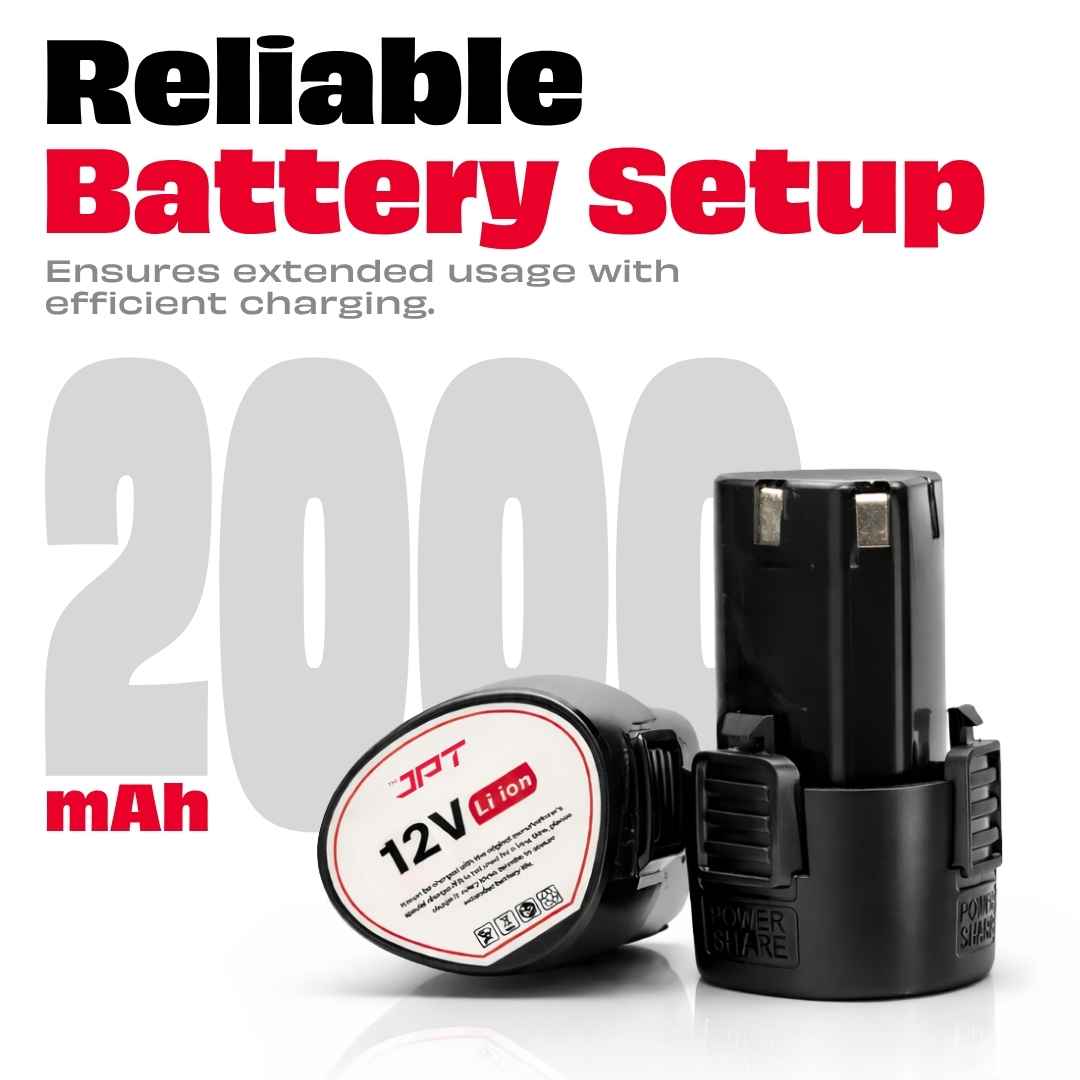 JPT 12V 2000mAh Li-ion batteries for cordless car polishing machine showing reliable dual-battery setup