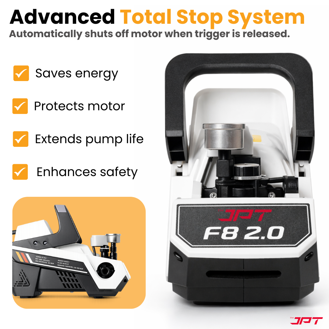JPT F8 2.0 3500 PSI (250 Bar) electric pressure washer with 2500W copper motor, 10 L/min flow and TSS. Portable heavy-duty cleaner for car, bike and home use.