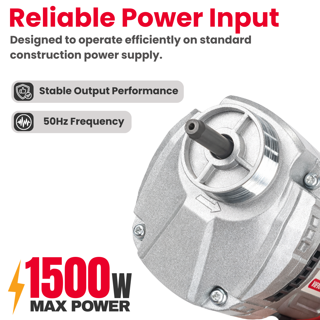 Buy JPT ultra heavy-duty 1500W electric concrete vibrator with copper winding motor & 4200 RPM speed. Ideal for RCC slabs, columns & heavy construction work.
