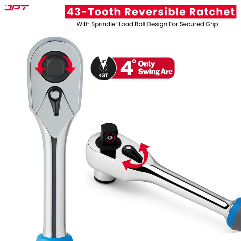 JPT 34-In-1 Multi-Functional Ratchet Handle Set | 12-Piece Hexagon Head Bits, 20-Piece Screwdriver Bits, One 43-Tooth Reversible Ratchet Handle |  Crome