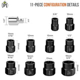 Buy now the JPT 10+1 piece impact nut & bolt extractor set with 3/8" drive hex adapter, to take out the most damaged, frozen, rusted, rounded-off bolt easily.