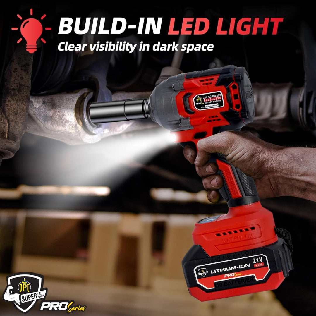 JPT Pro Series Brushless 21-volt Cordless Impact Wrench | 570N.m Torque | 4400 RPM Speed | 2 Speed Modes | 1/2-Inch Hex Shank | Bright LED Light | 4000mAh Battery | Fast Charger | 12 Months Warranty