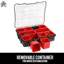 JPT Deep Tool Organizer Box with 10 Removable Bins, Heavy-Duty Storage Case with Transparent Lid for Tools, Hardware, Screws, Nuts, and Small items