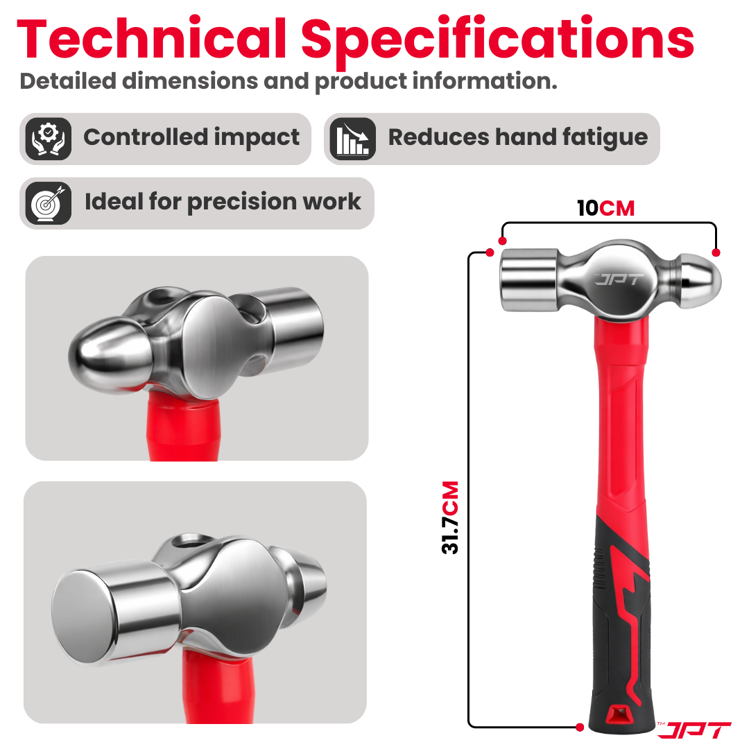 Buy JPT 1lbs forged steel ball peen hammer with shock-absorbing rubber grip. Ideal for metal shaping, riveting, workshop and fabrication work. Buy Now