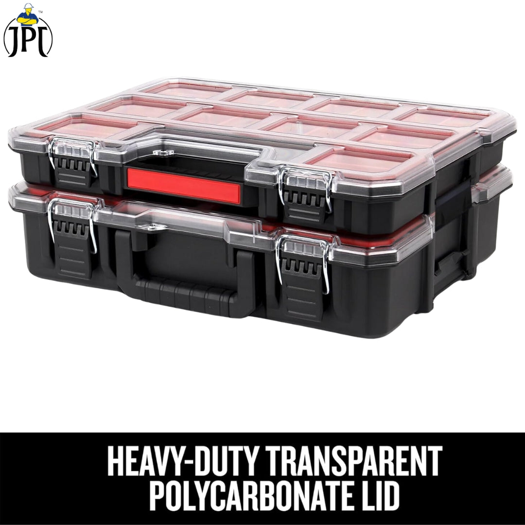 JPT Shallow Tool Organizer Box with 8 Removable Containers and Dividers, Heavy-Duty Storage Case with Transparent Lid for Tools, Hardware, Screws, and Small Items