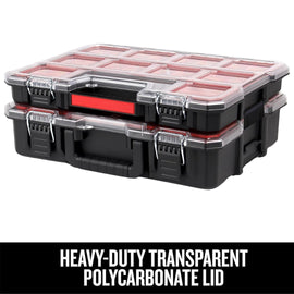 JPT Shallow Tool Organizer Box with 8 Removable Containers and Dividers, Heavy-Duty Storage Case with Transparent Lid for Tools, Hardware, Screws, and Small Items
