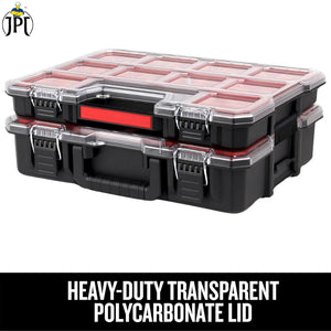 JPT Shallow Tool Organizer Box with 8 Removable Containers and Dividers, Heavy-Duty Storage Case with Transparent Lid for Tools, Hardware, Screws, and Small Items