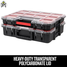 JPT Shallow Tool Organizer Box with 8 Removable Containers and Dividers, Heavy-Duty Storage Case with Transparent Lid for Tools, Hardware, Screws, and Small Items