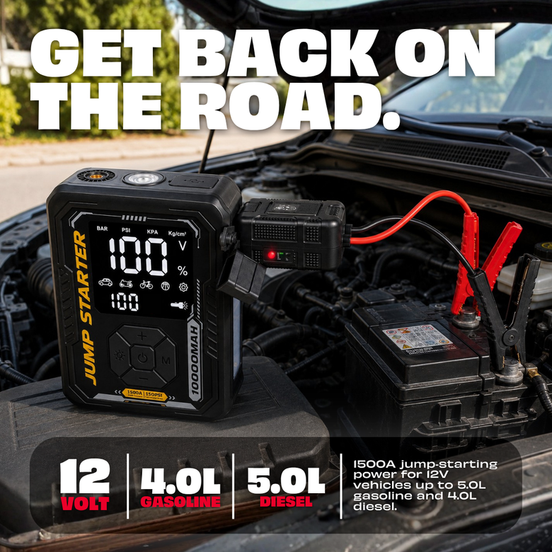 JPT 1500A Jump Starter, 150PSI Tyre Inflator, 10000mAh Power Bank Ultra Heavy Duty • 1500A Peak Current • 150PSI Tyre Inflator • 10000mAh Power Bank • Smart EC5 Protection • Digital Display