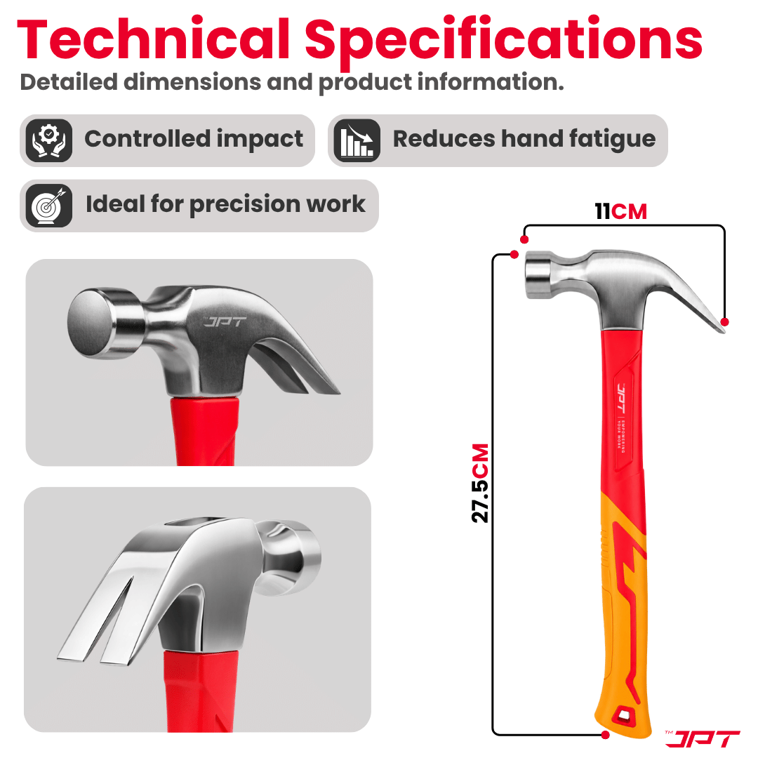 JPT 250G Forged Steel Claw Hammer with Anti-Slip Rubber Grip – Heavy Duty Carpenter Hammer for Carpentry, Woodworking & Construction Work, Professional Steel Hammer for Nail Driving & Extraction